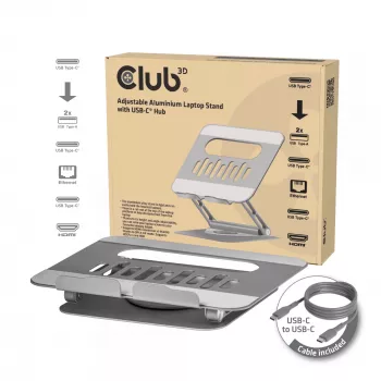 CLUB3D reguliuojamas aliumininis stovas nešiojamam kompiuteriui su USB-C išplėtimu, pilkas, 260 mm, 224 mm, 56 mm, 1,76 kg, 315 mm