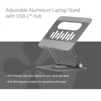 CLUB3D reguliuojamas aliumininis stovas nešiojamam kompiuteriui su USB-C išplėtimu, pilkas, 260 mm, 224 mm, 56 mm, 1,76 kg, 315 mm