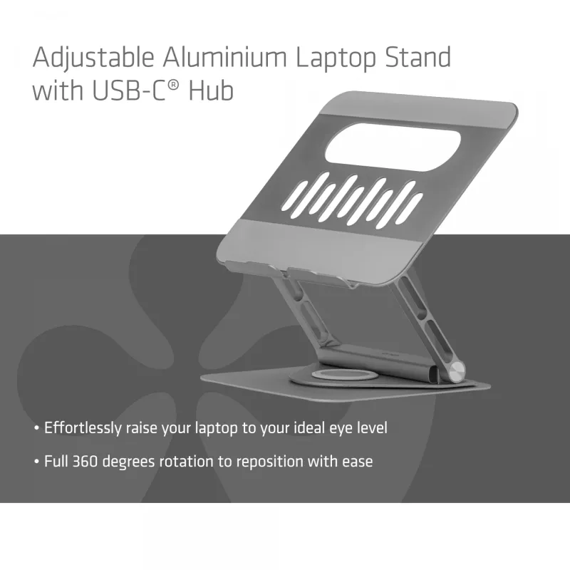 CLUB3D reguliuojamas aliumininis stovas nešiojamam kompiuteriui su USB-C išplėtimu, pilkas, 260 mm, 224 mm, 56 mm, 1,76 kg, 315 mm