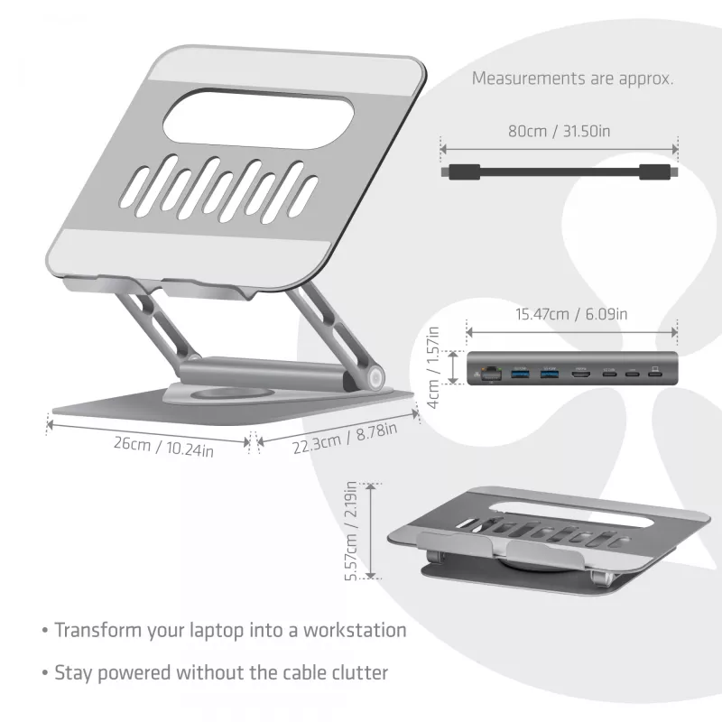 CLUB3D reguliuojamas aliumininis stovas nešiojamam kompiuteriui su USB-C išplėtimu, pilkas, 260 mm, 224 mm, 56 mm, 1,76 kg, 315 mm