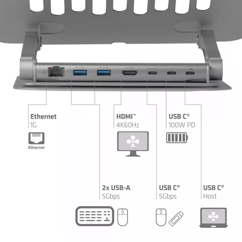 CLUB3D reguliuojamas aliumininis stovas nešiojamam kompiuteriui su USB-C išplėtimu, pilkas, 260 mm, 224 mm, 56 mm, 1,76 kg, 315 mm