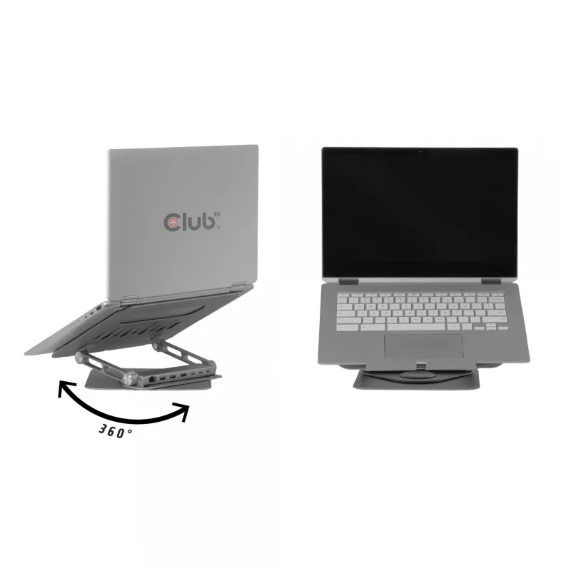 CLUB3D reguliuojamas aliumininis stovas nešiojamam kompiuteriui su USB-C išplėtimu, pilkas, 260 mm, 224 mm, 56 mm, 1,76 kg, 315 mm