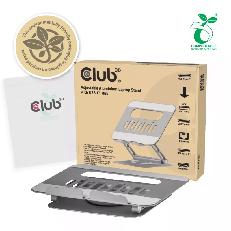 CLUB3D reguliuojamas aliumininis stovas nešiojamam kompiuteriui su USB-C išplėtimu, pilkas, 260 mm, 224 mm, 56 mm, 1,76 kg, 315 mm
