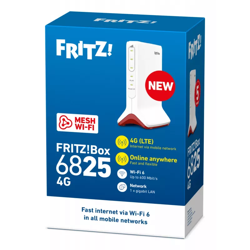 Belaidis maršrutizatorius FRITZ!Box 6825 4G, Gigabit Ethernet, viena juosta (2,4 GHz), balta