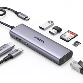 USB-C stotelė UGREEN 90568 2×USB 3.0 HDMI RJ45 SD TF PD