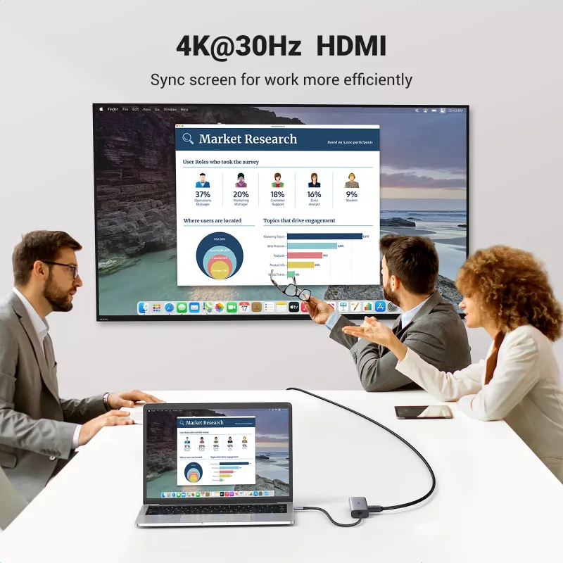 USB-C stotelė UGREEN 90568 2×USB 3.0 HDMI RJ45 SD TF PD