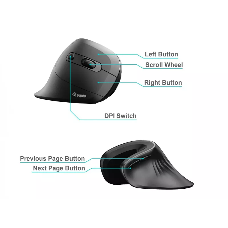 Equip 245119 vertikali ergonominė pelė, dešinei rankai, USB Type-A + USB Type-C, optinė, 7200 DPI