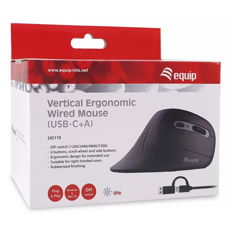 Equip 245119 vertikali ergonominė pelė, dešinei rankai, USB Type-A + USB Type-C, optinė, 7200 DPI