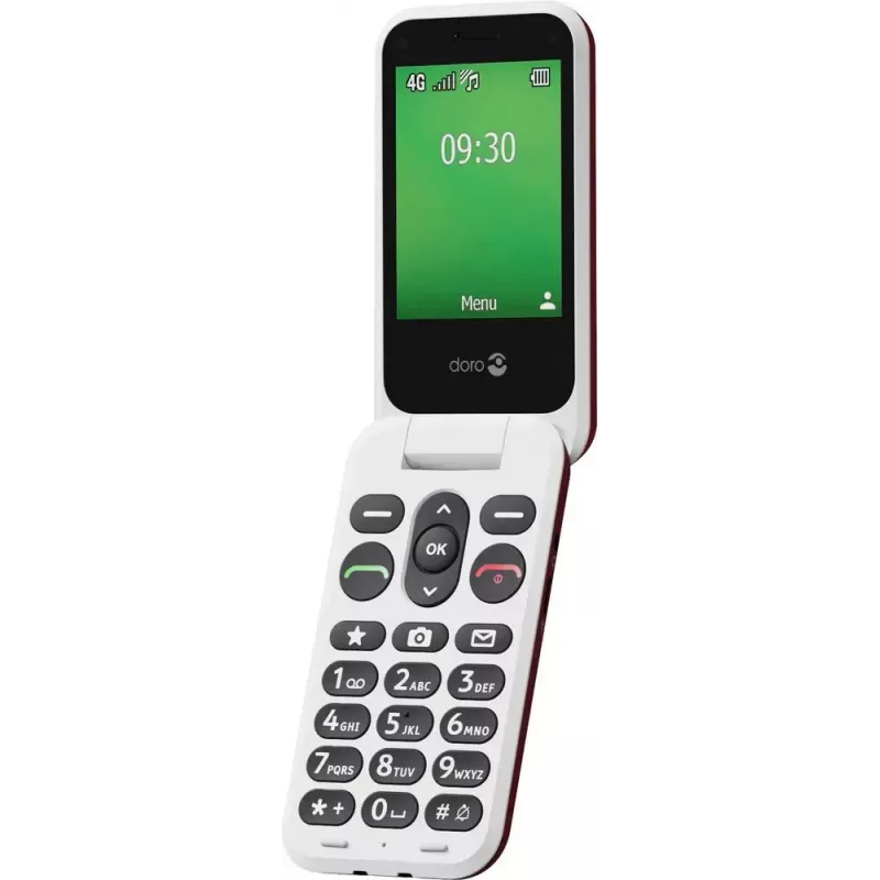Sulankstomas telefonas Doro Leva E30, 2,8 colio (7,11 cm) 320x240, viena SIM, 0,3 MP kamera, 1150 mAh, IP55, raudonai baltas