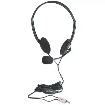 Manhattan Stereo On-Ear ausinės su mikrofonu (3,5 mm), lankstus mikrofonas, garsumo valdymas, putplasčio pagalvėlės, 2x 3,5 mm stereo lizdas, 2 m laidas, juodos, trejų metų garantija