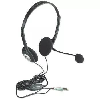 Manhattan Stereo On-Ear ausinės su mikrofonu (3,5 mm), lankstus mikrofonas, garsumo valdymas, putplasčio pagalvėlės, 2x 3,5 mm stereo lizdas, 2 m laidas, juodos, trejų metų garantija