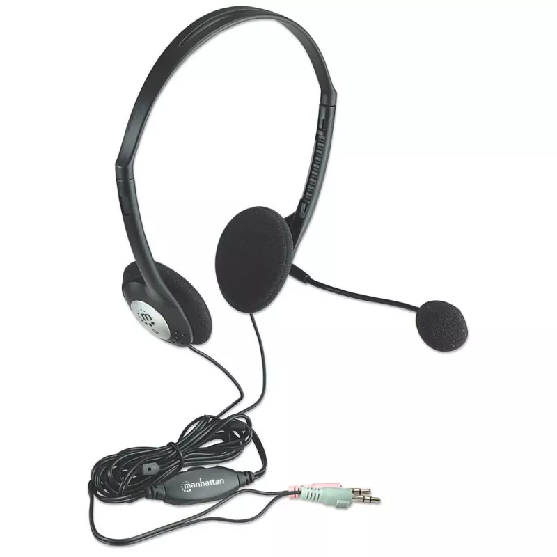 Manhattan Stereo On-Ear ausinės su mikrofonu (3,5 mm), lankstus mikrofonas, garsumo valdymas, putplasčio pagalvėlės, 2x 3,5 mm stereo lizdas, 2 m laidas, juodos, trejų metų garantija