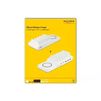 Įkrovimo stotelė DeLOCK USB ir belaidžiu būdu 2 x USB Type-C PD + 3 x USB Type-A, 110 W