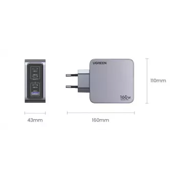 Ugreen Nexode Pro 160W GaN įkroviklis su USB-C laidu, juodas/pilkas, greitasis įkrovimas patalpoms