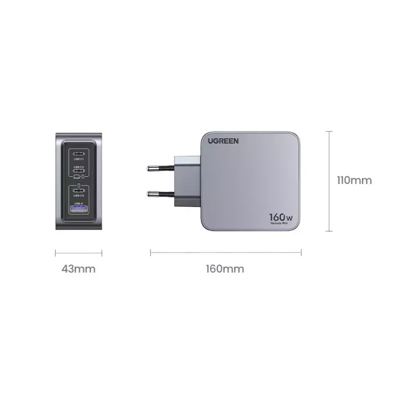Ugreen Nexode Pro 160W GaN įkroviklis su USB-C laidu, juodas/pilkas, greitasis įkrovimas patalpoms