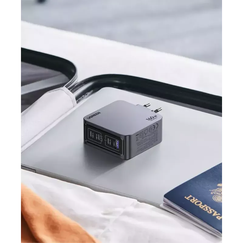 Ugreen Nexode Pro 160W GaN įkroviklis su USB-C laidu, juodas/pilkas, greitasis įkrovimas patalpoms