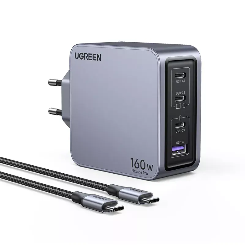 Ugreen Nexode Pro 160W GaN įkroviklis su USB-C laidu, juodas/pilkas, greitasis įkrovimas patalpoms