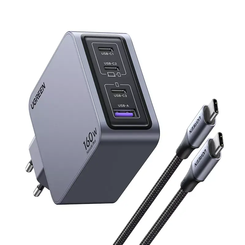 Ugreen Nexode Pro 160W GaN įkroviklis su USB-C laidu, juodas/pilkas, greitasis įkrovimas patalpoms