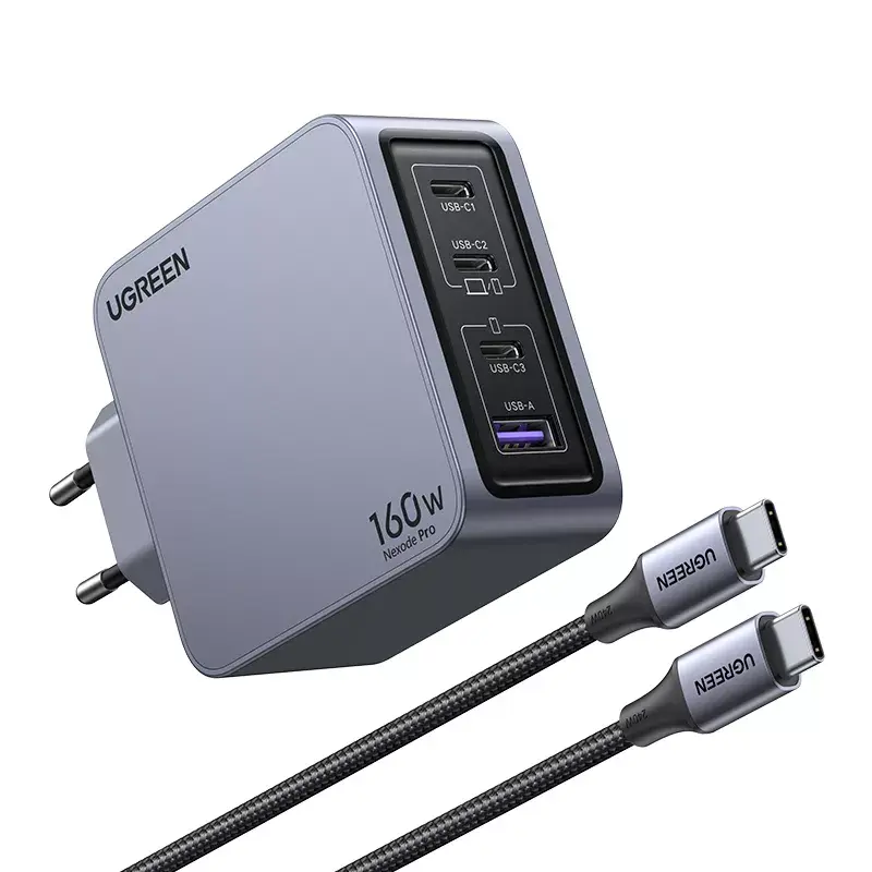 Ugreen Nexode Pro 160W GaN įkroviklis su USB-C laidu, juodas/pilkas, greitasis įkrovimas patalpoms