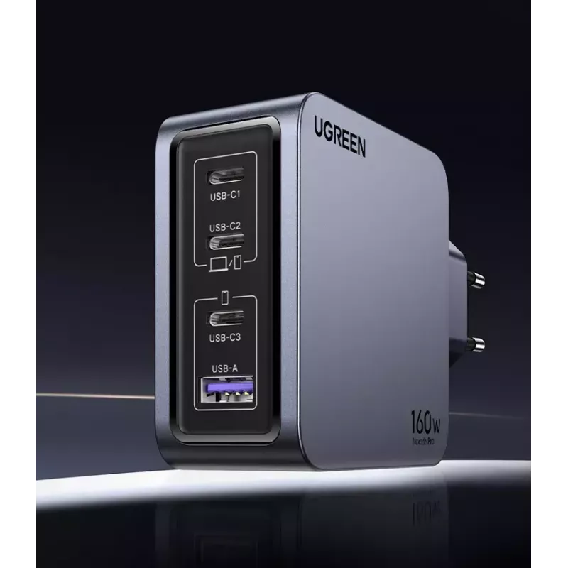 Ugreen Nexode Pro 160W GaN įkroviklis su USB-C laidu, juodas/pilkas, greitasis įkrovimas patalpoms