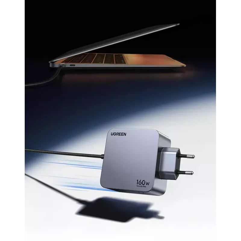 Ugreen Nexode Pro 160W GaN įkroviklis su USB-C laidu, juodas/pilkas, greitasis įkrovimas patalpoms
