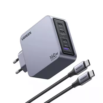 Ugreen Nexode Pro 160W GaN įkroviklis su USB-C laidu, juodas/pilkas, greitasis įkrovimas patalpoms