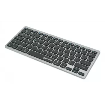 Manhattan Ultra Slim Dual-Mode belaidė klaviatūra, Vokietijos QWERTZ išdėstymas, Bluetooth (v3.0) ir belaidis ryšys (2,4 GHz), 78 žemo profilio žirkliniai klavišai, automatinis energijos valdymas, veikimo atstumas 10 m, USB-A mikro imtuvas, AAA baterija (