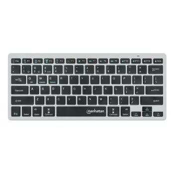 Manhattan Ultra Slim Dual-Mode belaidė klaviatūra, Vokietijos QWERTZ išdėstymas, Bluetooth (v3.0) ir belaidis ryšys (2,4 GHz), 78 žemo profilio žirkliniai klavišai, automatinis energijos valdymas, veikimo atstumas 10 m, USB-A mikro imtuvas, AAA baterija (