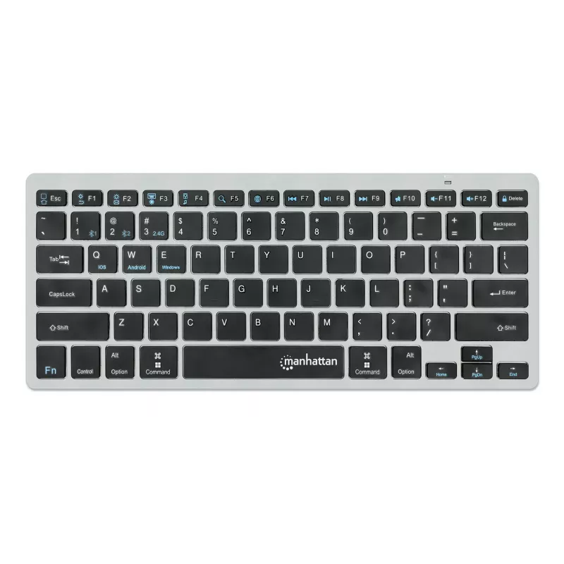 Manhattan Ultra Slim Dual-Mode belaidė klaviatūra, Vokietijos QWERTZ išdėstymas, Bluetooth (v3.0) ir belaidis ryšys (2,4 GHz), 78 žemo profilio žirkliniai klavišai, automatinis energijos valdymas, veikimo atstumas 10 m, USB-A mikro imtuvas, AAA baterija (
