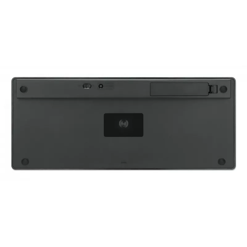 Manhattan Ultra Slim Dual-Mode belaidė klaviatūra, Vokietijos QWERTZ išdėstymas, Bluetooth (v3.0) ir belaidis ryšys (2,4 GHz), 78 žemo profilio žirkliniai klavišai, automatinis energijos valdymas, veikimo atstumas 10 m, USB-A mikro imtuvas, AAA baterija (