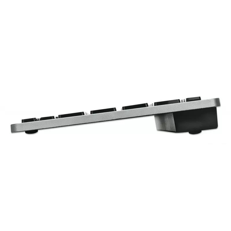 Manhattan Ultra Slim Dual-Mode belaidė klaviatūra, Vokietijos QWERTZ išdėstymas, Bluetooth (v3.0) ir belaidis ryšys (2,4 GHz), 78 žemo profilio žirkliniai klavišai, automatinis energijos valdymas, veikimo atstumas 10 m, USB-A mikro imtuvas, AAA baterija (