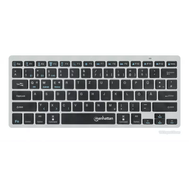 Manhattan Ultra Slim Dual-Mode belaidė klaviatūra, Vokietijos QWERTZ išdėstymas, Bluetooth (v3.0) ir belaidis ryšys (2,4 GHz), 78 žemo profilio žirkliniai klavišai, automatinis energijos valdymas, veikimo atstumas 10 m, USB-A mikro imtuvas, AAA baterija (