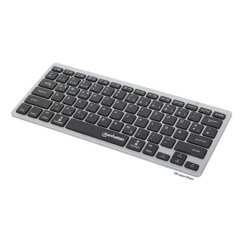 Manhattan Ultra Slim Dual-Mode belaidė klaviatūra, Vokietijos QWERTZ išdėstymas, Bluetooth (v3.0) ir belaidis ryšys (2,4 GHz), 78 žemo profilio žirkliniai klavišai, automatinis energijos valdymas, veikimo atstumas 10 m, USB-A mikro imtuvas, AAA baterija (