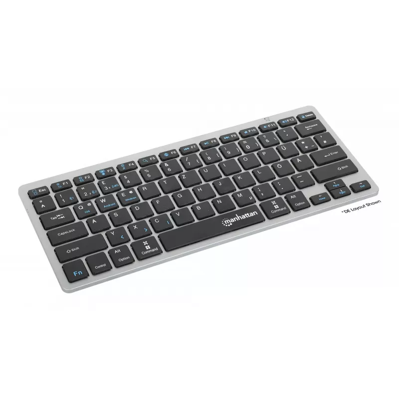 Manhattan Ultra Slim Dual-Mode belaidė klaviatūra, Vokietijos QWERTZ išdėstymas, Bluetooth (v3.0) ir belaidis ryšys (2,4 GHz), 78 žemo profilio žirkliniai klavišai, automatinis energijos valdymas, veikimo atstumas 10 m, USB-A mikro imtuvas, AAA baterija (