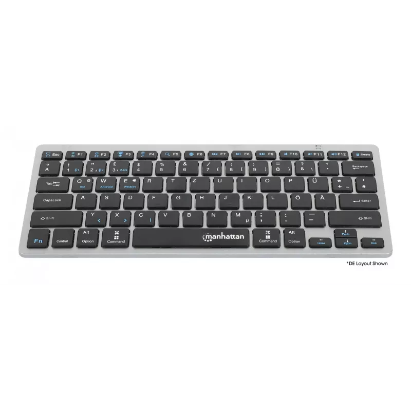 Manhattan Ultra Slim Dual-Mode belaidė klaviatūra, Vokietijos QWERTZ išdėstymas, Bluetooth (v3.0) ir belaidis ryšys (2,4 GHz), 78 žemo profilio žirkliniai klavišai, automatinis energijos valdymas, veikimo atstumas 10 m, USB-A mikro imtuvas, AAA baterija (