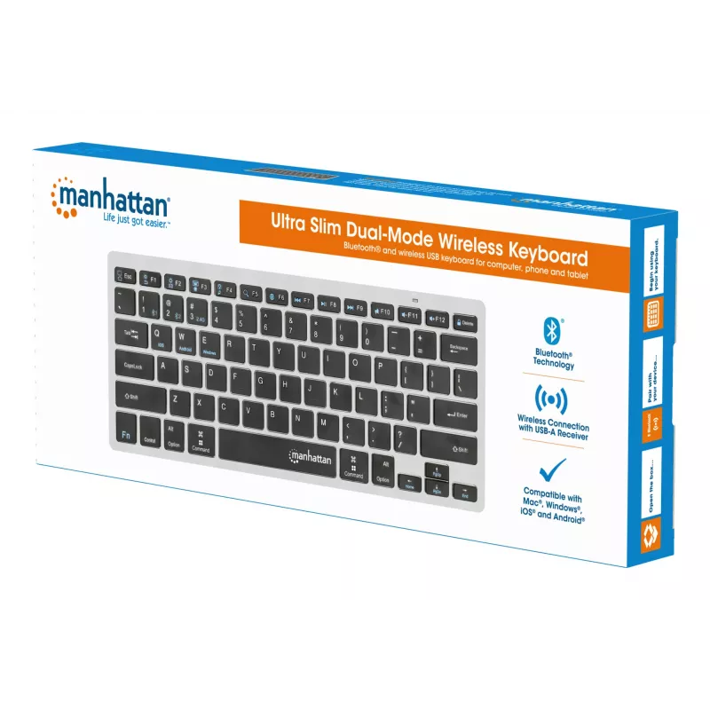 Manhattan Ultra Slim Dual-Mode belaidė klaviatūra, Vokietijos QWERTZ išdėstymas, Bluetooth (v3.0) ir belaidis ryšys (2,4 GHz), 78 žemo profilio žirkliniai klavišai, automatinis energijos valdymas, veikimo atstumas 10 m, USB-A mikro imtuvas, AAA baterija (