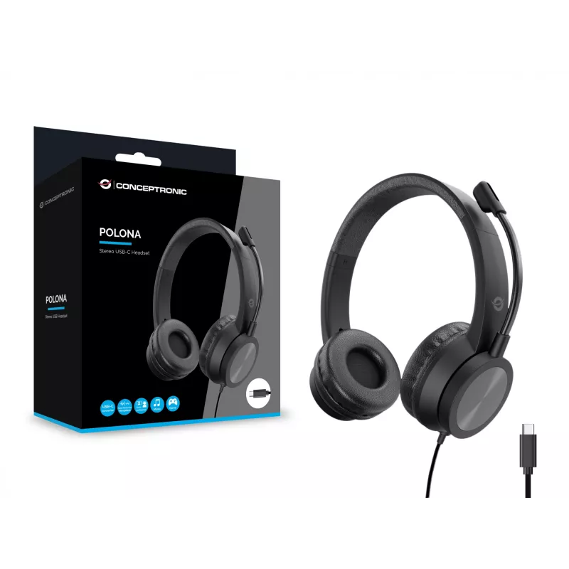 Ausinės CONCEPTRONIC POLONA05BC — Stereo USB-C, triukšmą slopinantis mikrofonas, uždengiančios ausis, 2 m laidas, 20–22000 Hz, juodos