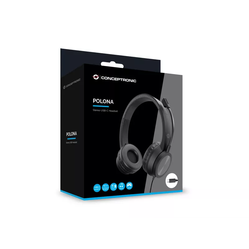 Ausinės CONCEPTRONIC POLONA05BC — Stereo USB-C, triukšmą slopinantis mikrofonas, uždengiančios ausis, 2 m laidas, 20–22000 Hz, juodos