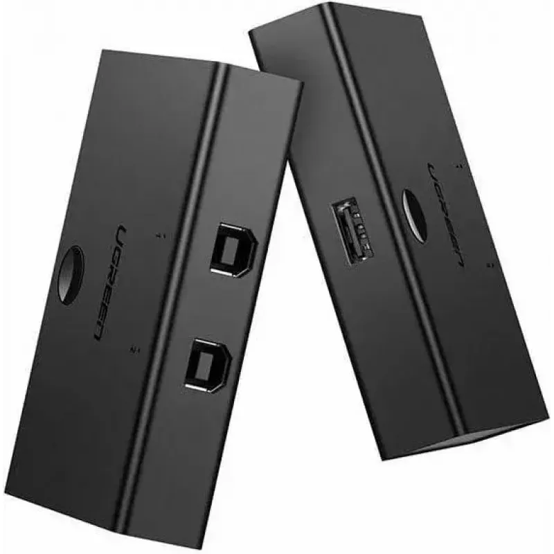 USB jungiklis UGREEN UGR423 2x1 juodas – 2 kompiuteriai prie 1 USB įrenginio, rankinis mygtukas