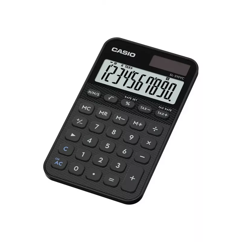 Skaičiuotuvas CASIO SL-310YC kišeninis bazinis, 10 skaitmenų, baterija ir saulės elementas, mokesčių ir pelno funkcijos, juodas