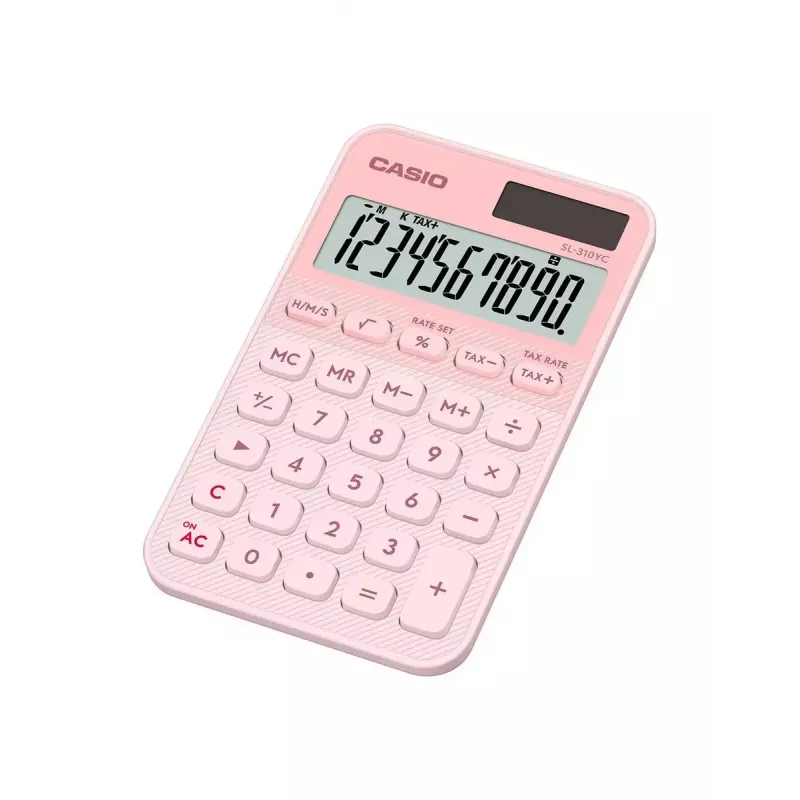 Kišeninis skaičiuotuvas CASIO SL-310YC — 10 skaitmenų, baterija/saulė, mokesčių ir pelno funkcijos, šviesiai rožinis