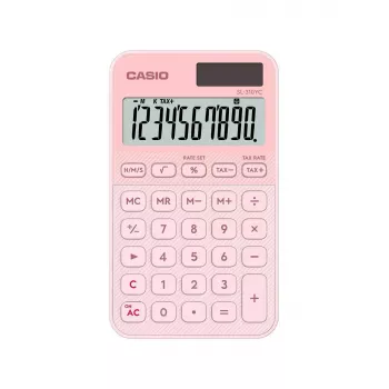 Kišeninis skaičiuotuvas CASIO SL-310YC — 10 skaitmenų, baterija/saulė, mokesčių ir pelno funkcijos, šviesiai rožinis