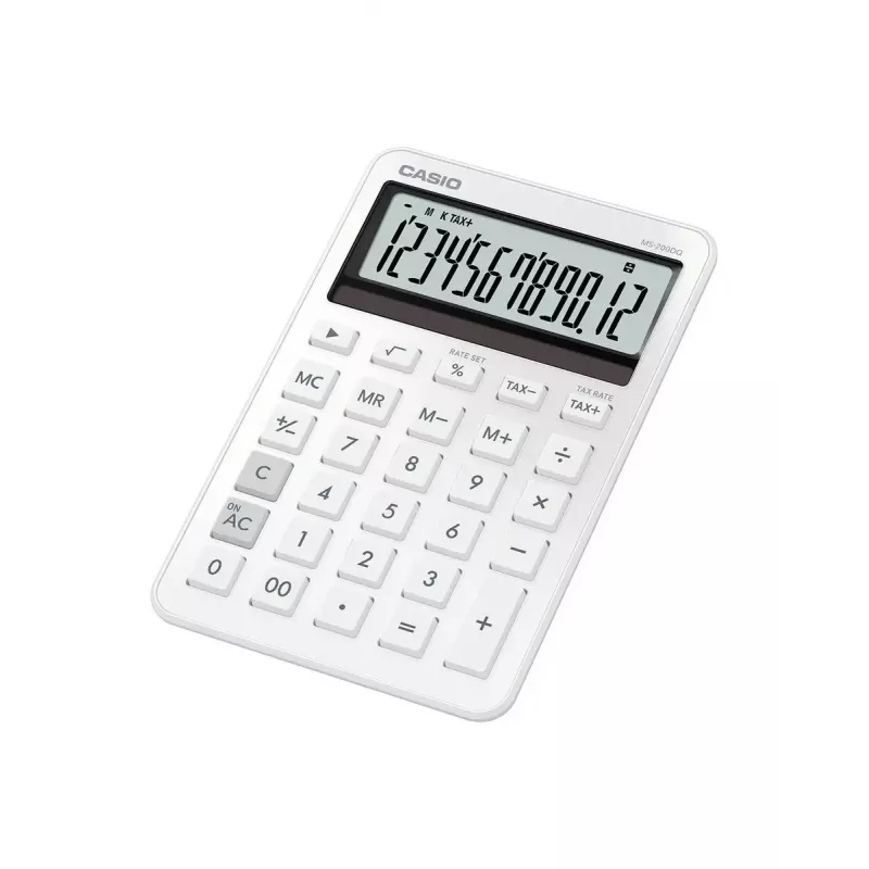 Darbalaukio skaičiuotuvas CASIO MS-200DQ 12 skaitmenų, baterija/saulė, mokesčių ir pelno funkcijos, balta