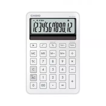 Darbalaukio skaičiuotuvas CASIO MS-200DQ 12 skaitmenų, baterija/saulė, mokesčių ir pelno funkcijos, balta
