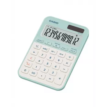 Stalinis skaičiuotuvas CASIO MS-20YC – 12 skaitmenų, baterija/saulė, mokesčių ir pelno funkcijos, šviesiai žalias
