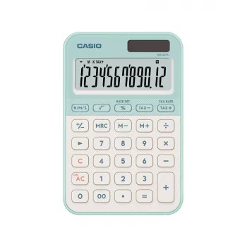 Stalinis skaičiuotuvas CASIO MS-20YC – 12 skaitmenų, baterija/saulė, mokesčių ir pelno funkcijos, šviesiai žalias