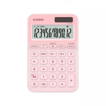 Stalinis skaičiuotuvas CASIO MS-20YC — 12 skaitmenų, mokesčių ir pelno funkcijos, baterija/saulė, šviesiai rožinis