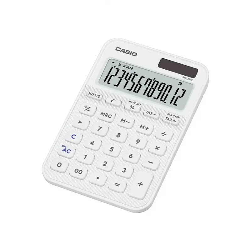 Stalinis skaičiuotuvas CASIO MS-20YC — 12 skaitmenų, baterija/saulė, mokesčių ir pelno funkcijos, balta