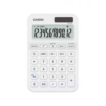 Stalinis skaičiuotuvas CASIO MS-20YC — 12 skaitmenų, baterija/saulė, mokesčių ir pelno funkcijos, balta