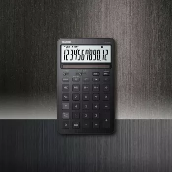 Stalinis skaičiuotuvas CASIO JW-200DQ – pagrindinis, 12 skaitmenų, mokesčių ir pelno funkcijos, baterija/saulė, juodas